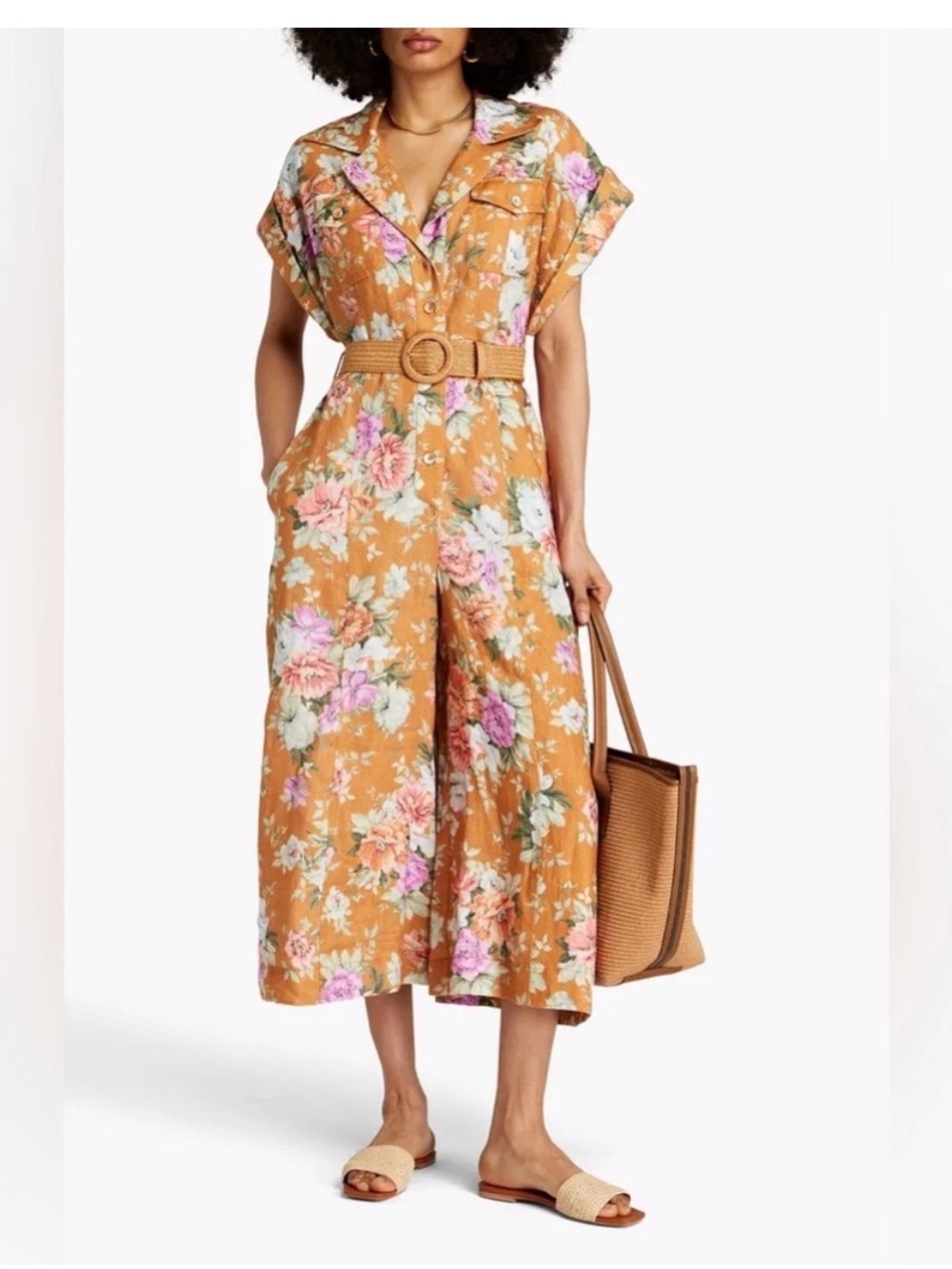 Zimmermann Floral Belted Wide-Leg Jumpsuit in Mustard and Pink